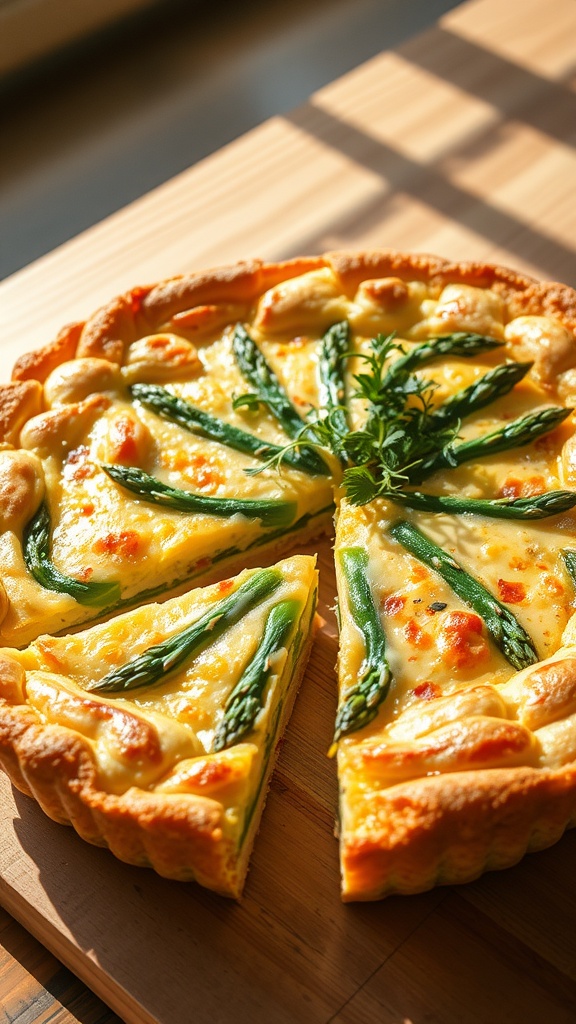 A golden-brown asparagus quiche with a slice removed, showcasing its creamy filling and vibrant green asparagus.